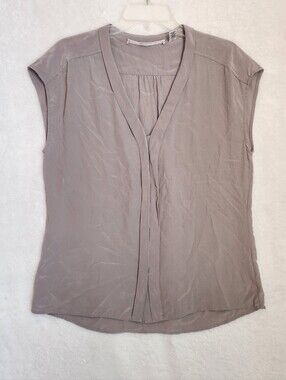 Max Studio Taupe Cap-Sleeve V-Neck 100% Silk Blouse Size Large